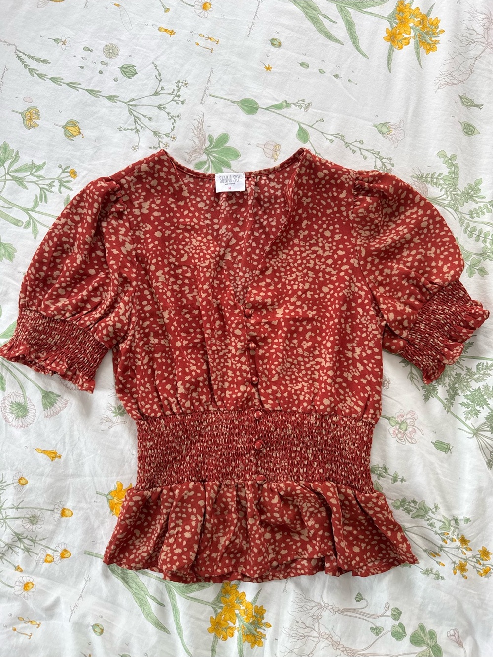 Speckled Smock Waist Button Down Short Sleeve Blouse Top